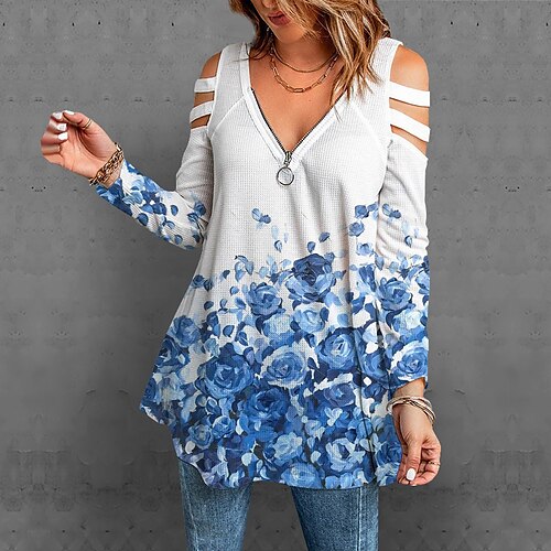 

Women's Blouse Shirt Green Blue Pink Floral Cut Out Flowing tunic Long Sleeve Holiday Weekend Basic V Neck Regular Floral S