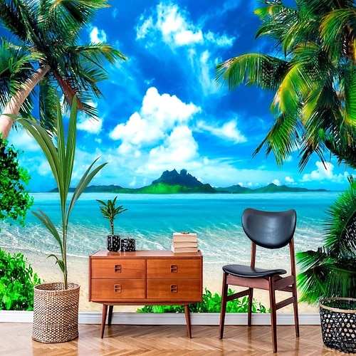 

Landscape Wallpaper Mural Sea Ocean Palm Tropical Wall Covering Sticker Peel and Stick Removable PVC/Vinyl Material Self Adhesive/Adhesive Required Wall Decor for Living Room Kitchen Bathroom