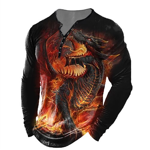 

Homme Chemise Henley Shirt T shirt Tee Tee Graphic Dragon Henley Noir 3D effet Extérieur du quotidien manche longue Bouton bas Imprimer Vêtement Tenue basique Classique Confortable