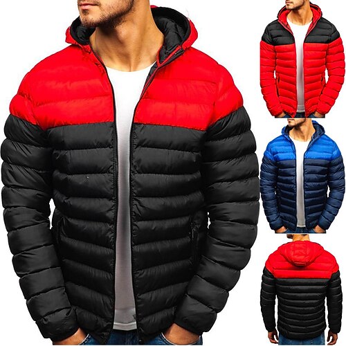 

Men's Puffer Jacket Winter Jacket Quilted Jacket Winter Coat Hoodie Jacket Windproof Warm Daily Holiday Weekend Color Block Outerwear Clothing Apparel Casual Daily Minimalism Black Blue Red