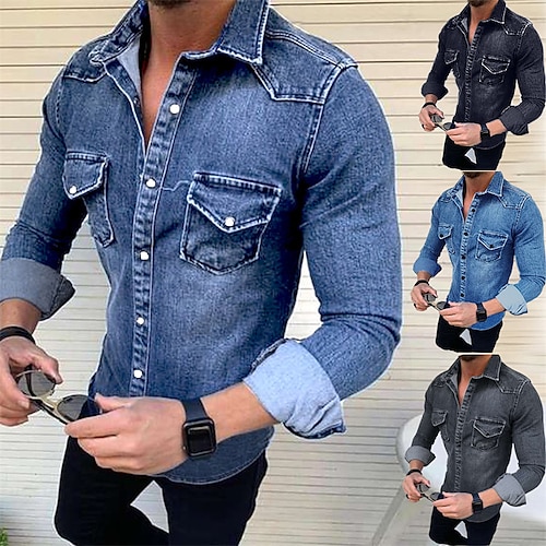 

Men's Demin Shirt Denim Shirt Solid Color Turndown Black Blue Royal Blue Light Blue Gray Street Daily Long Sleeve Button-Down Clothing Apparel Denim Casual Comfortable Pocket