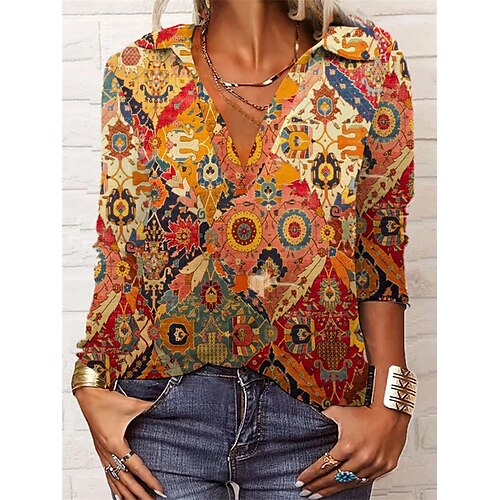 

Women's Henley Shirt Purple Yellow Red Floral Print Long Sleeve Home Casual Basic Shirt Collar Regular S