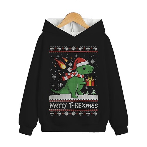 

Kids Boys Christmas Hoodie Pullover Graphic Dinosaur Long Sleeve Pocket Children Top Outdoor 3D Print Hoodie Active Cute Black Winter 7-13 Years