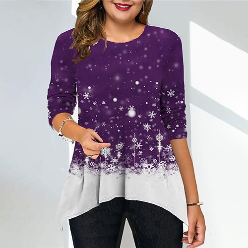 

Women's Plus Size Christmas Tops T shirt Tee Snowflake Print Long Sleeve Crew Neck Casual Holiday Festival Daily Cotton Spandex Jersey Winter Fall Green Blue