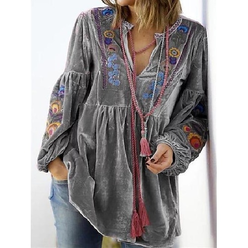 

Women's Blouse Shirt Purple Pink Grey Floral Print Long Sleeve Casual Basic V Neck Regular Velvet Floral S