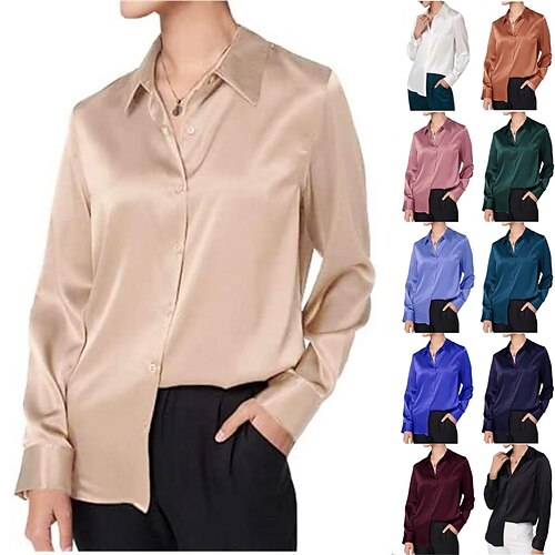 

amazon women's silk shirt long sleeve loose casual office work btton foundation satin top