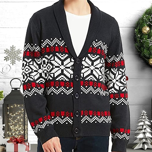 

Men's Cardigan Sweater Ribbed Knit Cropped Knitted Snowflake V Neck Warm Ups Modern Contemporary Christmas Daily Wear Clothing Apparel Spring & Fall Black Red S M L