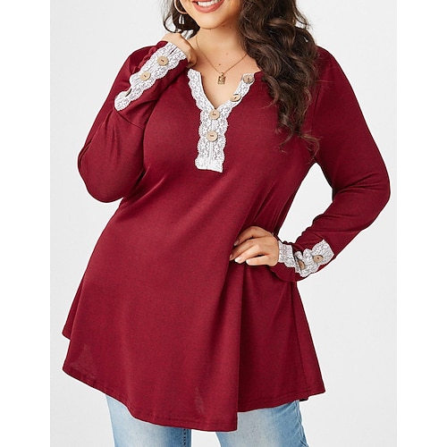 

Women's Plus Size Tops Blouse Solid Color Long Sleeve V Neck Modern Vacation Weekend Polyester Winter Fall Red