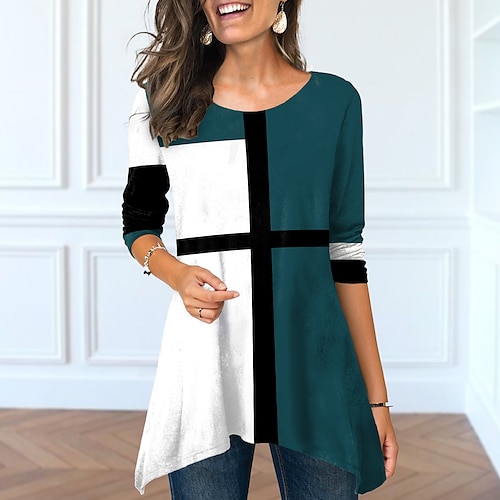 

Women's T shirt Tee Green Blue Purple Color Block Flowing tunic Print Long Sleeve Daily Weekend Basic Round Neck Long Painting S