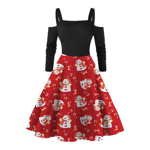 

vestido de fiesta de navidad para mujer vestido swing vestido midi verde negro rojo manga 3/4 de longitud estampado de muñeco de nieve hombro frío estampado invierno otoño cuello cuadrado vintage