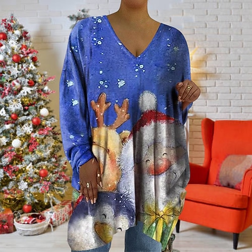 

Women's Plus Size Christmas Tops T shirt Tee Floral Butterfly Print Long Sleeve V Neck Casual Festival Going out Cotton Spandex Jersey Fall Winter Blue Purple