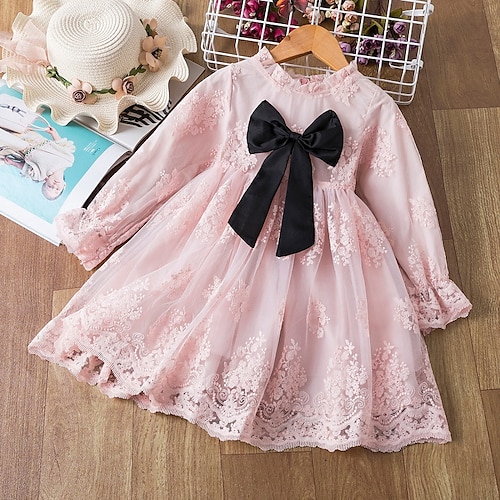 

Kids Girls' Dress Solid Color A Line Dress Knee-length Dress School Ruffle Long Sleeve Fashion Dress 3-7 Years Fall Pink / Cute / Embroidered / Spring