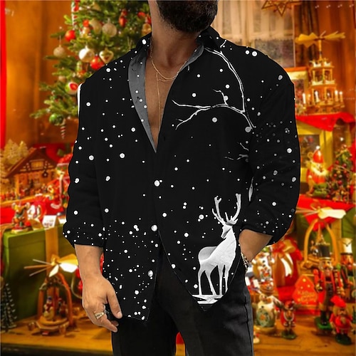 

Men's Shirt Animal Elk Graphic Prints Turndown Green Black 3D Print Christmas Street Long Sleeve Button-Down Print Clothing Apparel Fashion Designer Casual Soft