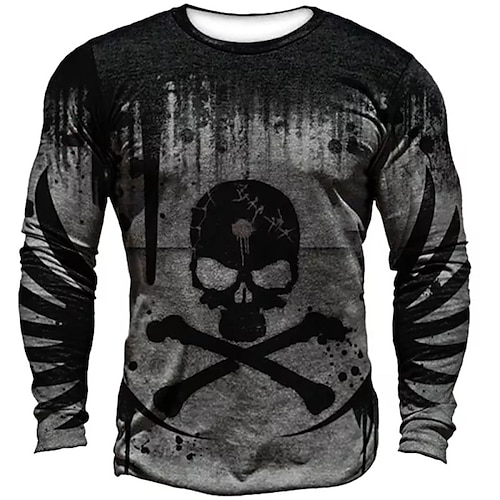 

Men's T shirt Tee Skull Graphic Prints Crew Neck Black Yellow Camel Light gray Dark Gray 3D Print Outdoor Street Long Sleeve Print Clothing Apparel Basic Sports Designer Casual