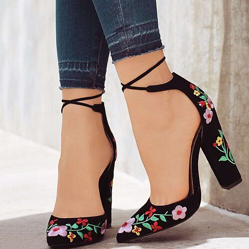 

Women's Heels Outdoor Daily Plus Size Summer Embroidery High Heel Chunky Heel Pointed Toe Elegant Casual PU Leather Buckle Embroidered Nude Black