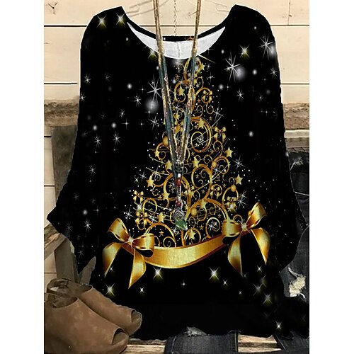 

Women's Plus Size Christmas Tops Blouse Shirt Snowman Christmas Tree Print Long Sleeve Crewneck Casual Daily Polyester Winter Fall Gray Black Green
