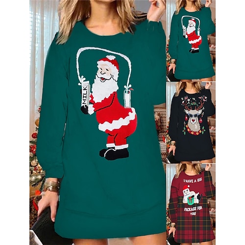 

Women's Christmas Ugly Sweatshirt Dress Shift Dress Mini Dress Green Black Wine Long Sleeve Plaid Print Winter Fall Autumn Fashion Daily 2022 S M L XL XXL 3XL