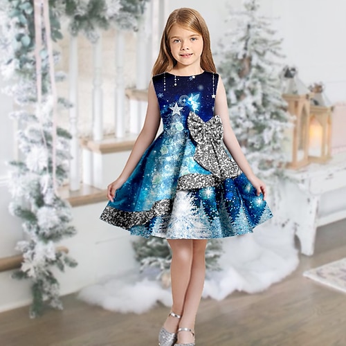 

Kids Girls' Christmas Dress Christmas Tree Swing Dress Knee-length Dress Christmas Gifts Ruffle Crew Neck Sleeveless Elegant Dress 2-13 Years Winter Blue