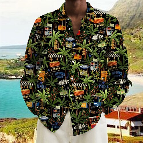 

Men's Shirt Coconut Tree Graphic Prints Turndown Green Orange 3D Print Outdoor Street Long Sleeve Button-Down Print Clothing Apparel Fashion Designer Casual Hawaiian