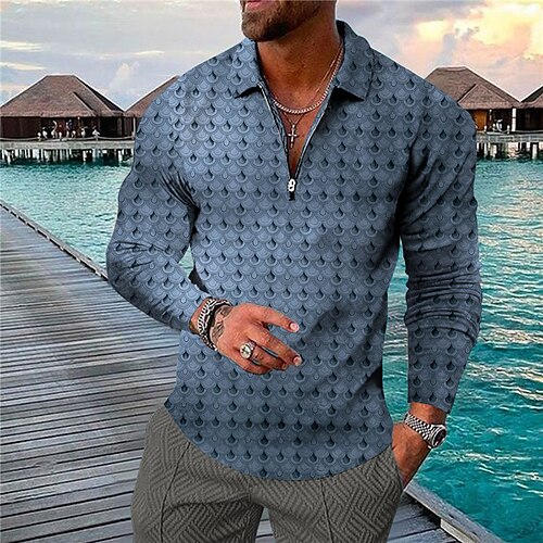 

Men's Collar Polo Shirt Golf Shirt Graphic Prints Geometry Turndown Blue Gray 3D Print Outdoor Street Long Sleeve Zipper Print Clothing Apparel Fashion Designer Casual Soft