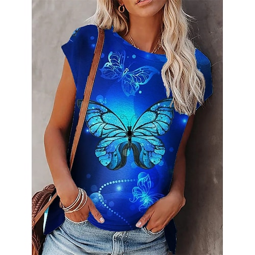 

Women's T shirt Tee Blue Butterfly Print Sleeveless Casual Daily Basic Round Neck Regular S