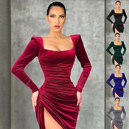 

Women's Party Dress Velvet Dress Green Midi Dress Blue Wine Dark Green Dark Gray Black Long Sleeve Pure Color Ruched Split Velvet Winter Fall Square Neck Party Elegant Party Fall Dress 2022 S M L XL