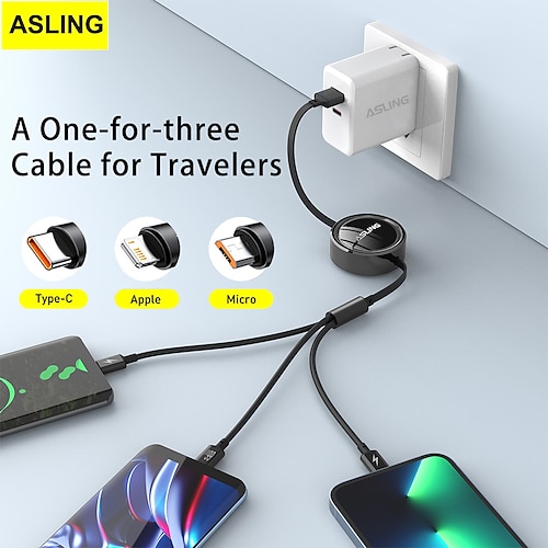 

ASLING Bright Mirror One-for-three Retractable 6A Fast Charging Data Cable USB to MLC 1.2m 66W