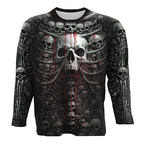 

Men's T shirt Tee Skull Graphic Prints Crew Neck Gray 3D Print Outdoor Street Long Sleeve Print Clothing Apparel Basic Vintage Sports Designer