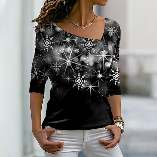 

Women's T shirt Tee Green Black Blue Snowflake Print Long Sleeve Christmas Weekend Basic V Neck Regular Painting S