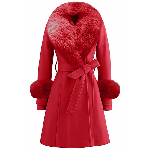 

Women's Winter Coat Long Overcoat with Faux Fur Wool Blend Belted Dress Coat Open Front Lapel Pea Coat Fall Elegant Lady Jacket Christmas Party Xmas Outerwear Pink Red