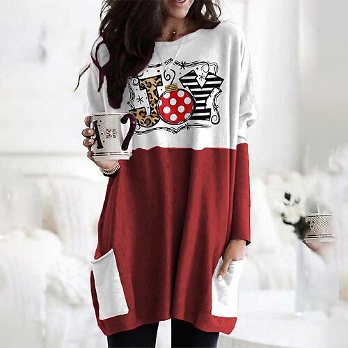 

Women's Christmas Casual Dress Shift Dress Mini Dress Red Long Sleeve Polka Dot Pocket Winter Fall Autumn Crew Neck Fashion Date Loose Fit 2022 S M L XL XXL 3XL