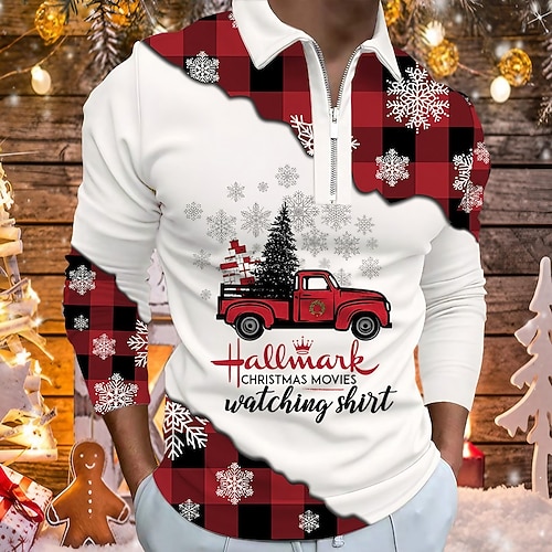 

Men's Christmas Golf Shirt 3D Print Plaid Car Letter Zipper Print Long Sleeve Tops Sportswear Casual Fashion Comfortable Red / Fall / Winter