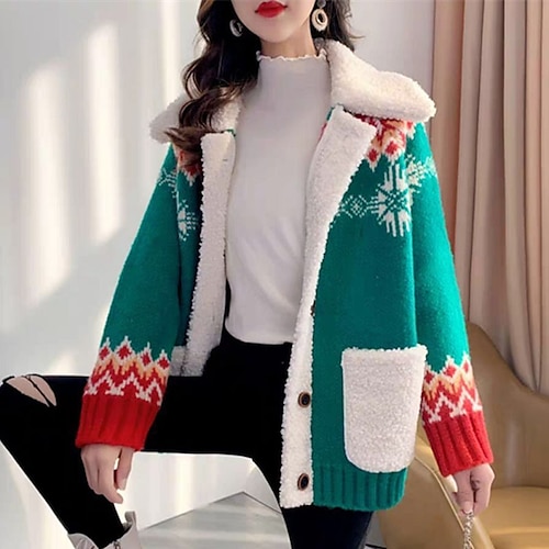 

Women's Cardigan Sweater Jumper Crochet Knit Button Pocket Snowflake Shirt Collar Stylish Casual Outdoor Christmas Winter Fall Green Red One-Size