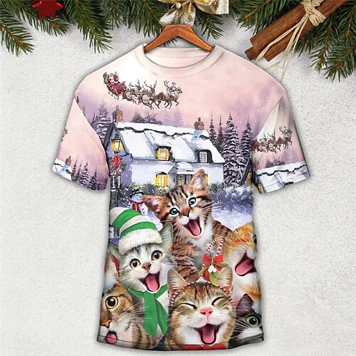 

Men's T shirt Tee Animal Cat Graphic Prints Crew Neck Pink 3D Print Outdoor Christmas Short Sleeve Print Clothing Apparel Sports Designer Casual