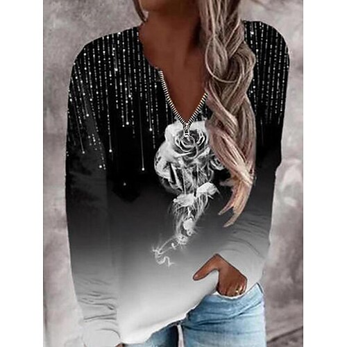 

Women's T shirt Tee Green Black Yellow Floral Quarter Zip Print Long Sleeve Casual Holiday Regular S