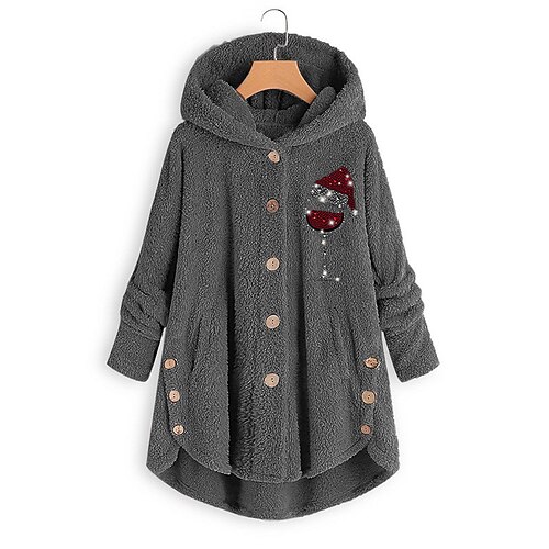 

Women's Sherpa jacket Fleece Jacket Teddy Coat Windproof Warm Outdoor Christmas Daily Wear Vacation Button Pocket Print Single Breasted Hoodie Modern Plush Christmas Print Regular Fit Outerwear Long