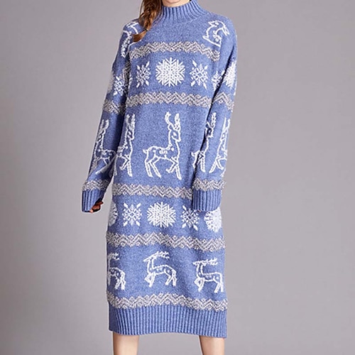 

Women's Sweater Dress Knit Dress Mini Dress Blue Red Long Sleeve Deer Knit Winter Fall Autumn Turtleneck Christmas Weekend 2022 One-Size