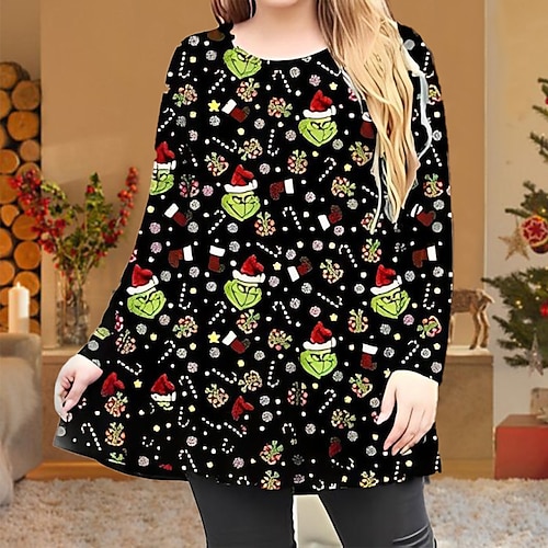 

Women's Plus Size Christmas Tops Blouse Shirt Graphic Geometry Print Long Sleeve Crew Neck Casual Daily Polyester Winter Fall Black