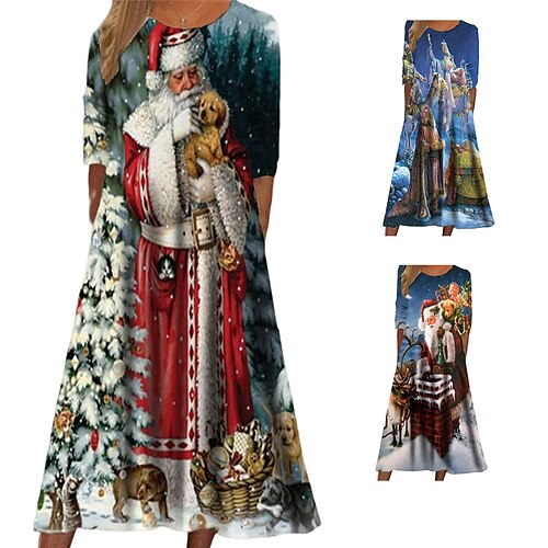 

Women's Christmas Casual Dress Swing Dress Midi Dress Blue Royal Blue Red Long Sleeve Santa Claus Snowflake Pocket Print Fall Winter Round Neck Vacation Casual 2022 S M L XL XXL 3XL