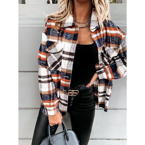 

Women's Shirt Shacket Pink Red Orange Plaid Button Pocket Long Sleeve Casual Basic Shirt Collar Regular S