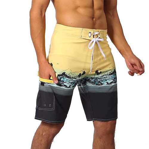 

Men's Swim Shorts Swim Trunks Board Shorts Drawstring Color Block Print Comfort Breathable Knee Length Casual Daily Beach Fashion Streetwear Yellow Micro-elastic