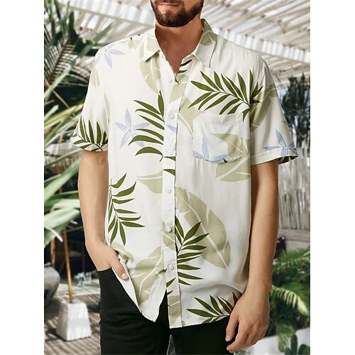 

Men's Shirt Graphic Prints Leaves Turndown Green 3D Print Outdoor Street Short Sleeves Button-Down Print Clothing Apparel Tropical Fashion Hawaiian