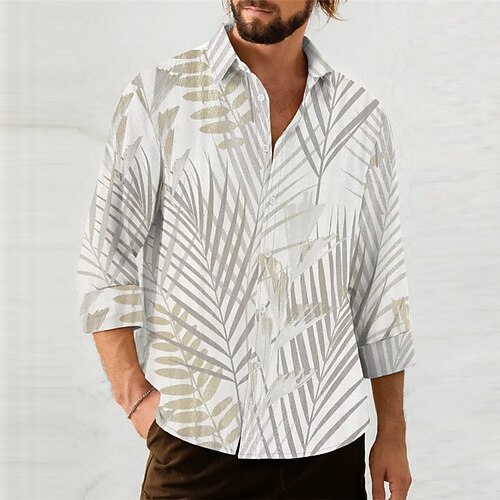 

Men's Shirt Graphic Prints Leaves Turndown Khaki 3D Print Outdoor Street Long Sleeve Button-Down Print Clothing Apparel Tropical Fashion Hawaiian