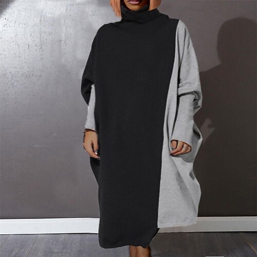 

Women's Plus Size Casual Dress Color Block Turtleneck Long Sleeve Winter Fall Elegant Casual Mature Midi Dress Daily Vacation Dress