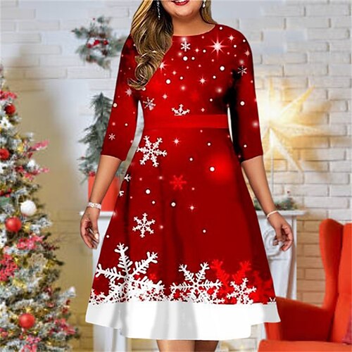 

Women's Plus Size Christmas Dress Work Dress Snowflake 3/4 Length Sleeve Winter Fall Midi Dress Christmas Dress Work Dress