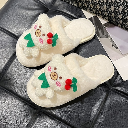 

Women's Slippers Christmas Fuzzy Slippers Fluffy Slippers House Slippers Fleece Slippers Winter Flat Heel Round Toe Polyester Loafer Black Rosy Pink Beige