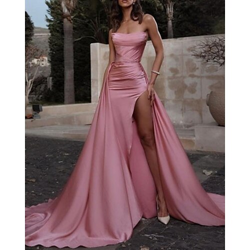 

A-Line Evening Gown Sexy Dress Formal Chapel Train Sleeveless Strapless Charmeuse with Ruched Slit 2022