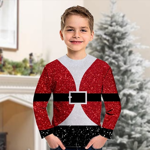 

Toddler Boys Christmas T shirt Tee Santa Claus Ugly Christmas Long Sleeve Crewneck Children Top Casual 3D Print Fashion Daily Winter Fall Red 7-13 Years