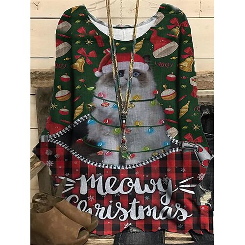 

Women's Plus Size Christmas Tops Blouse Shirt Cat Santa Claus Print Long Sleeve Casual Festival Daily Polyester Winter Fall Green Blue