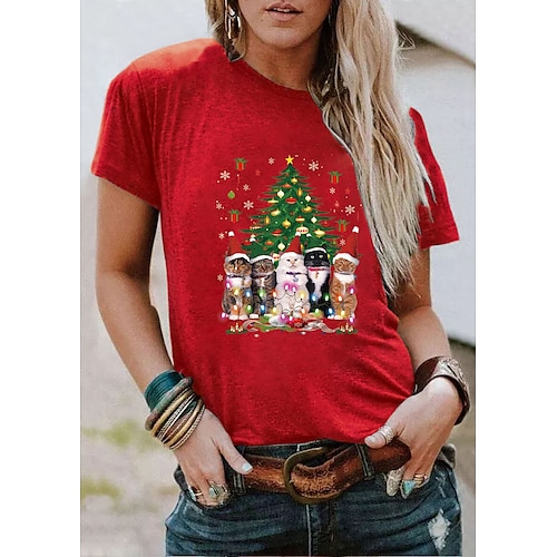 

Women's T shirt Tee Green Black Light Green Graphic Christmas Tree Print Short Sleeve Christmas Daily Basic Round Neck Regular Cat S